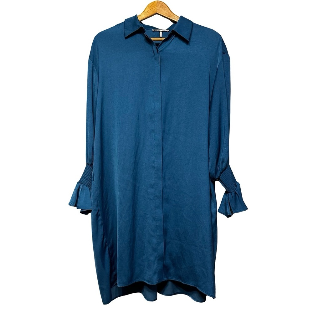 Maje Blue Robe Chemise Shirt Dress Size 2 Medium Gathered Sleeve Collared Loose